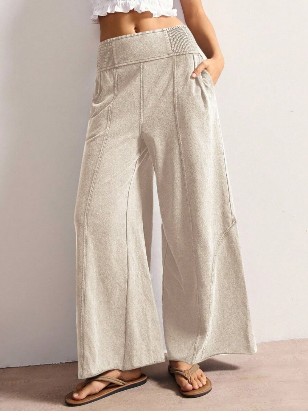Khaki Casual Women's Knit Loose Wide-Leg Washed Smocked Waist Pants with Pockets
